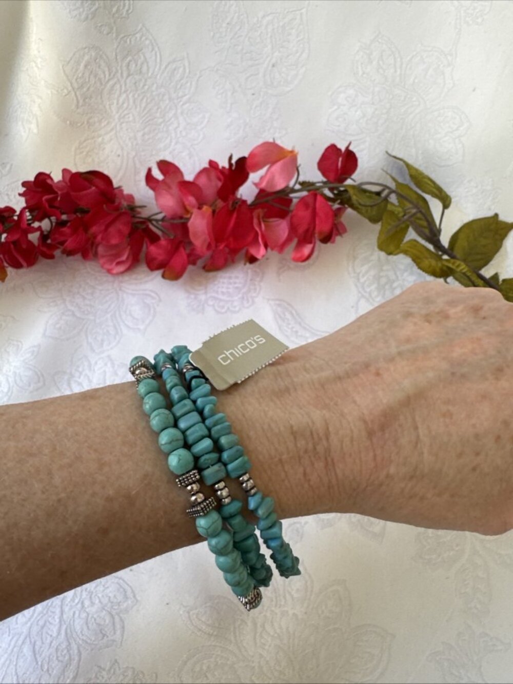 Chico's 3 Piece Thin Turquoise Blue Bead Bracelet Bangle Stackable SET NEW - Picture 6 of 6
